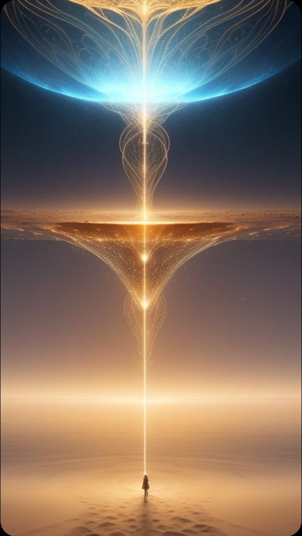 Ilustración de un haz de luz dorada que desciende desde un portal azul hasta una pequeña figura