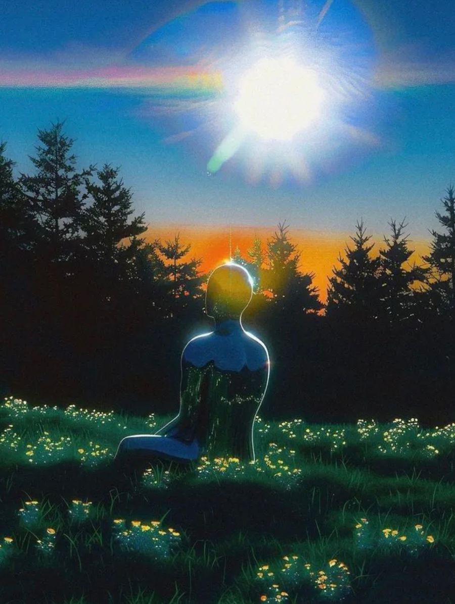 Ilustración de una figura sentada en un prado con flores, frente a un sol radiante entre pinos
