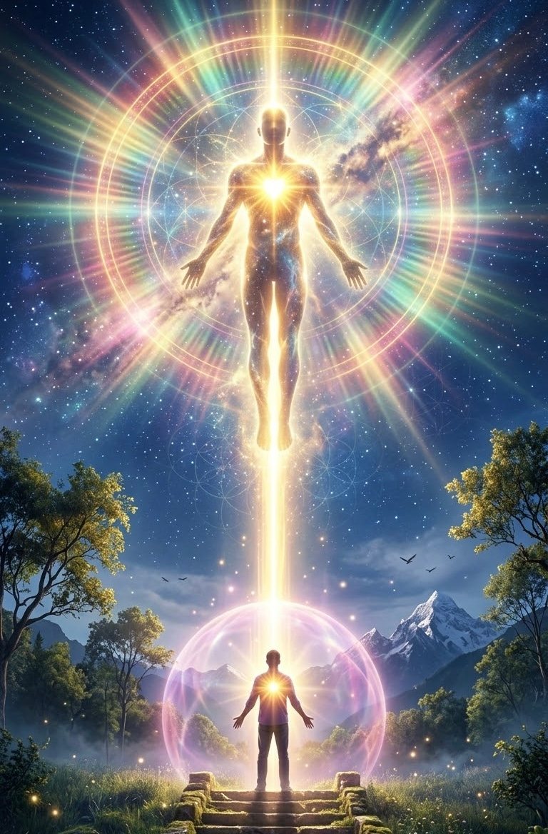 Ilustración de una figura de luz que asciende desde otra figura de pie en un bosque