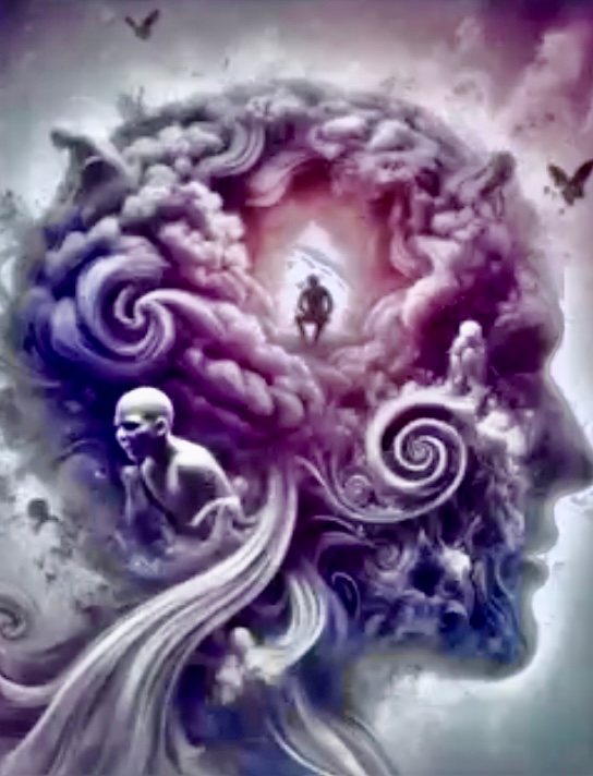 Ilustración de una cabeza de perfil hecha de nubes y espirales, con pequeñas figuras dentro