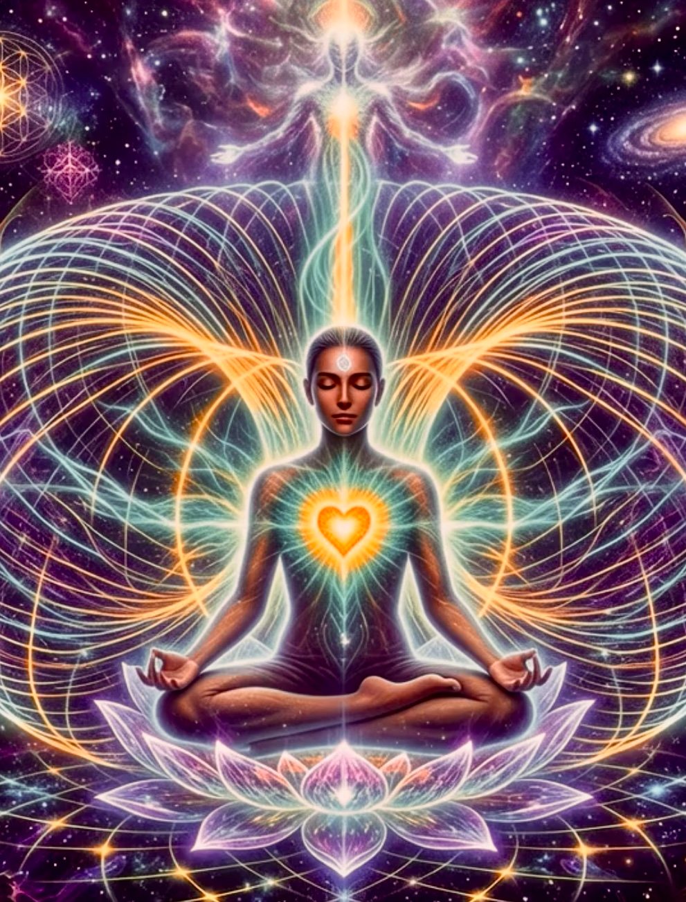 Ilustración de una persona en meditación con el corazón encendido, rodeada de un campo de energía