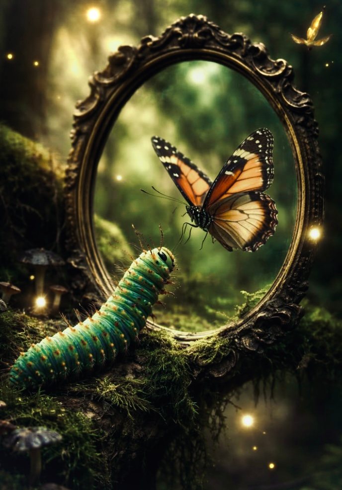 Ilustración de una oruga frente a un espejo que refleja una mariposa