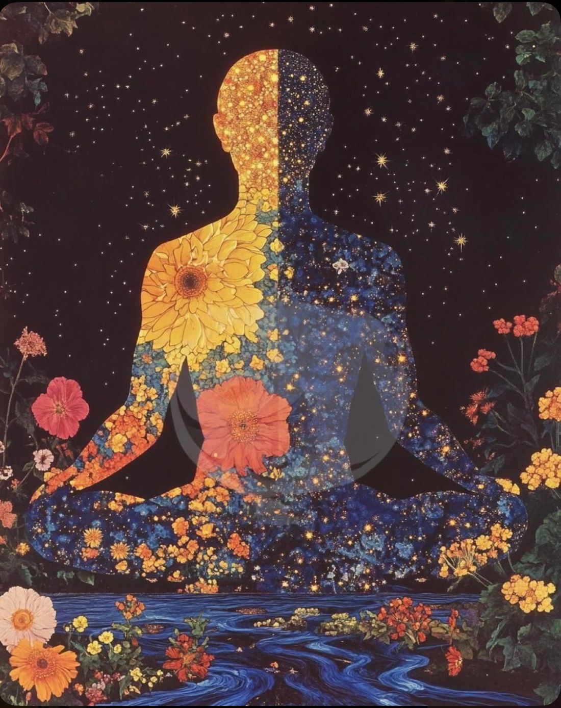 Ilustración de una figura en meditación hecha de flores y estrellas, junto a un río