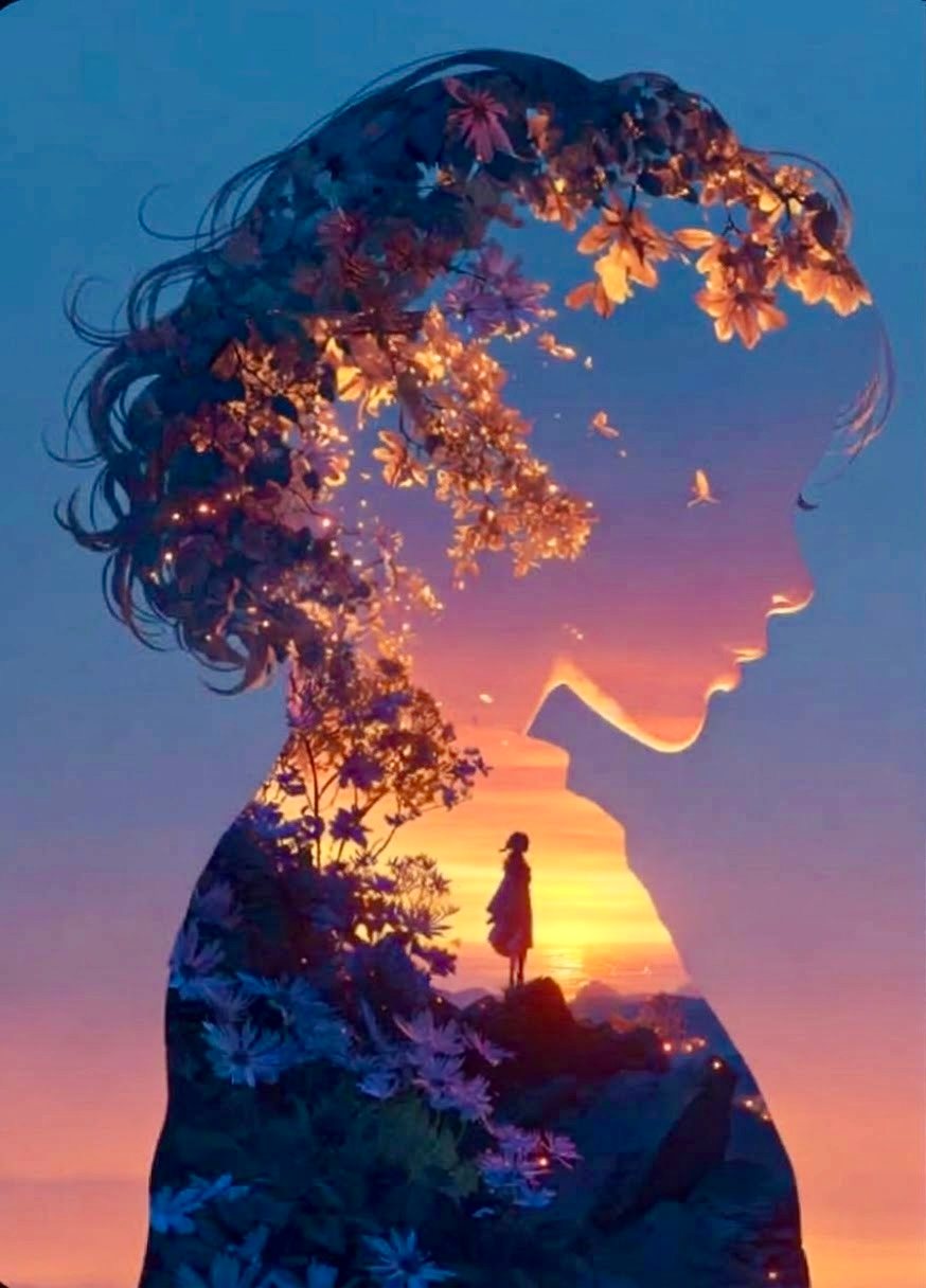 Silueta de perfil de una mujer, con un paisaje de flores y un atardecer dentro de su figura